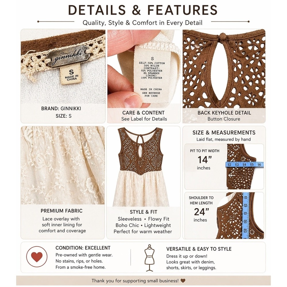 BKE Gimmicks Tank Top Women Small Brown Cream Lace Babydoll Boho Cutout Festival - Picture 6 of 13